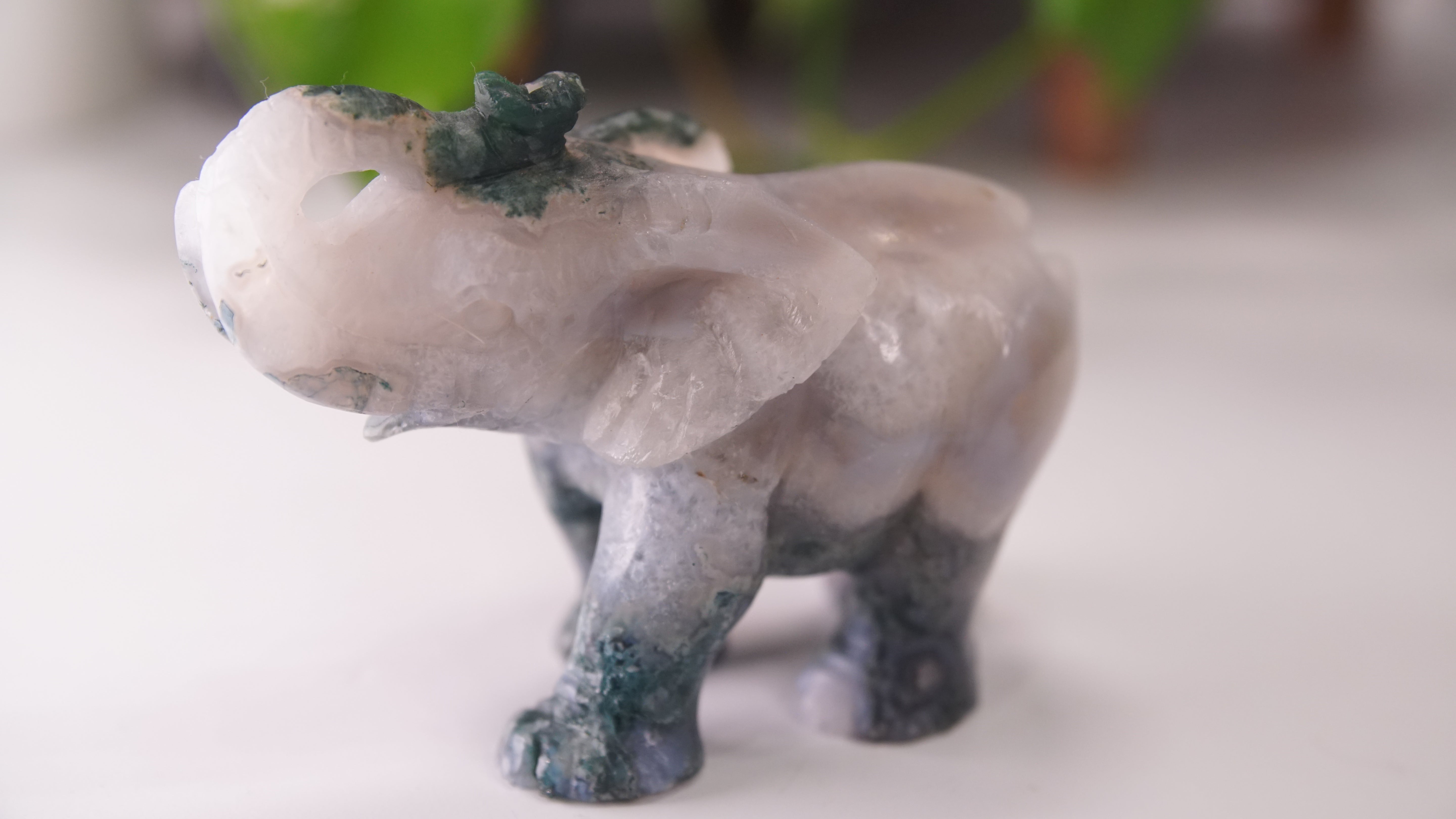 Druzy Moss Agate Boutique Elephant Carving | Crystal Carving Statement Piece
