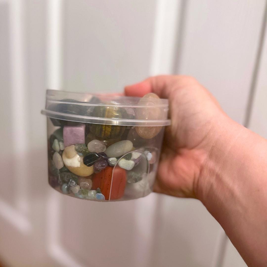 Mystery Crystal Lucky Scoop Jar of Tumbled Stones, Carvings, Towers, Spheres, Rocks, & Minerals Gift