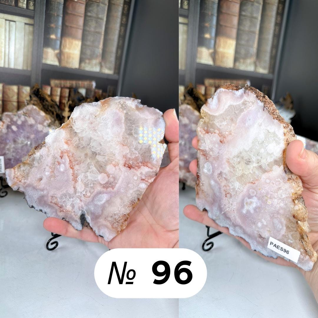 Pink Amethyst Druzy Flower Agate Cluster Slab with Stand Hematite Feminine Energy Protection Calm Grace Reiki Crystal Shop