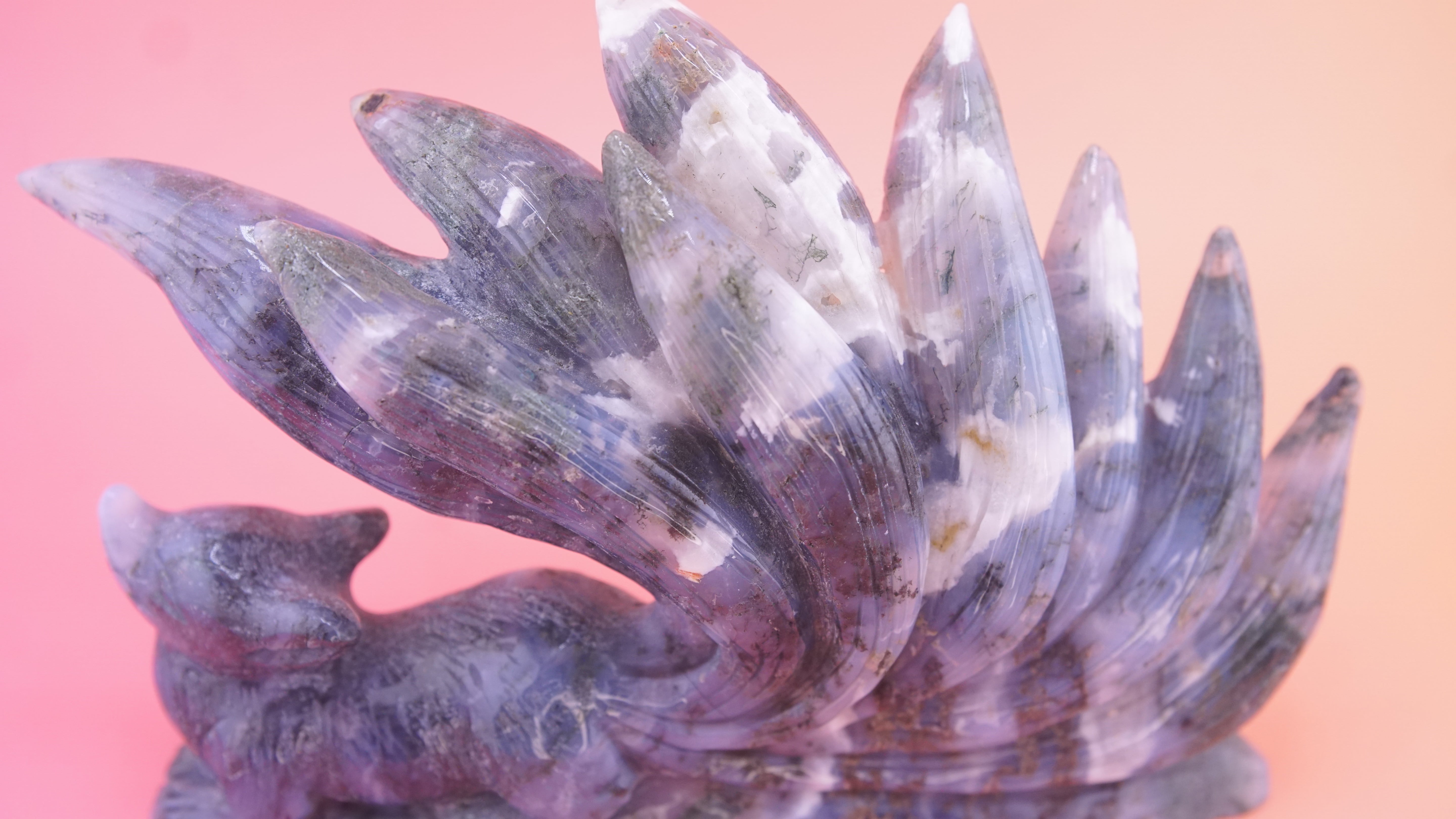 Blue Moss Agate Boutique 9 Tails Fox Carving | Crystal Carving Statement Piece