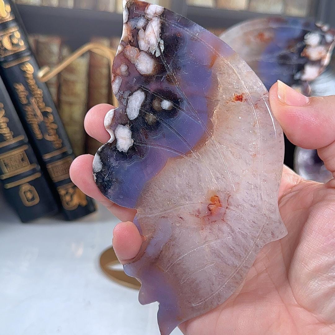 Blue Flower Agate Wings With Stand | High Quality Crystal | Flower Agate | US Seller