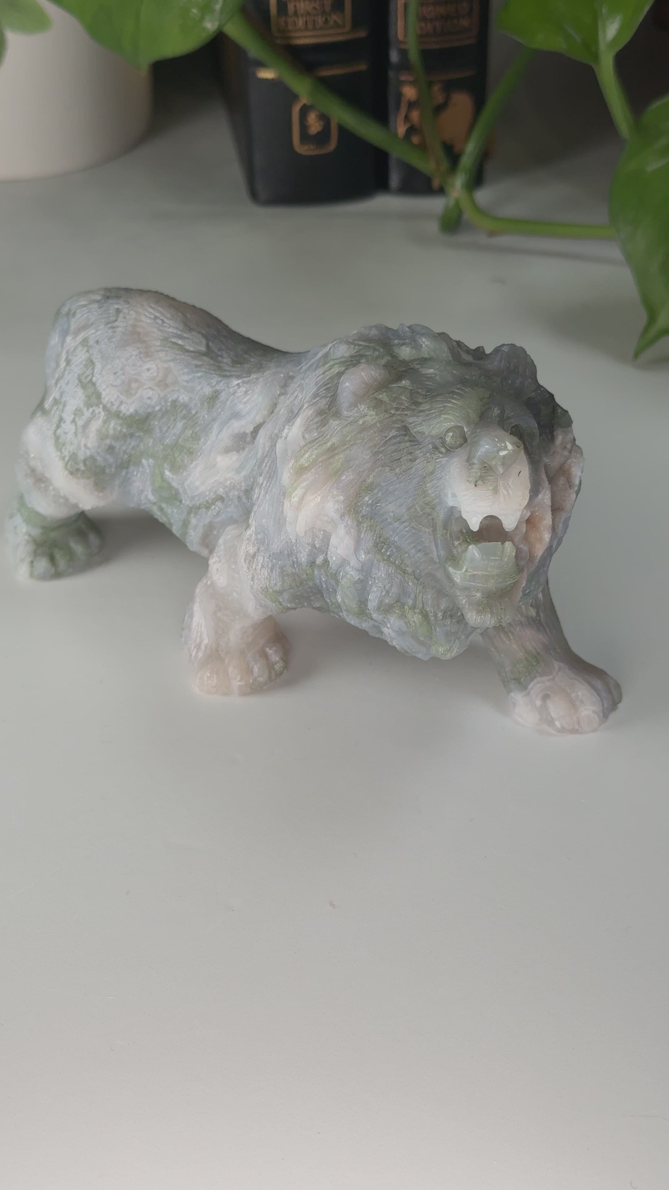 Druzy Moss Agate Boutique Lion Carving | Statement Piece